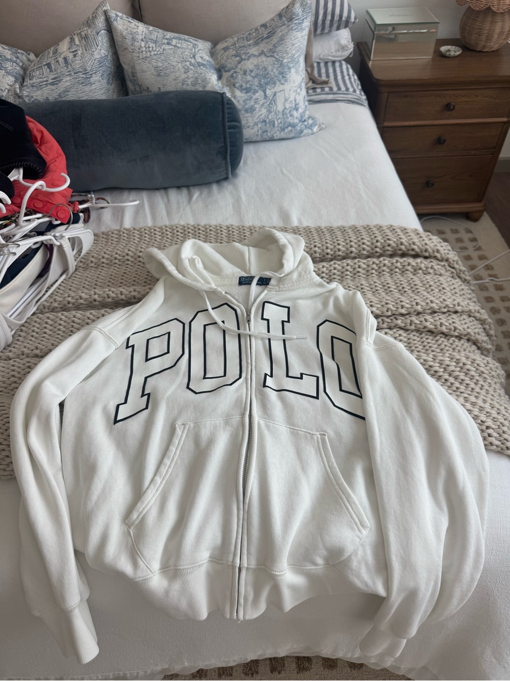 Polo by Ralph Lauren White Zip-Up Sweatshirt with Large Black-Outlines Logo